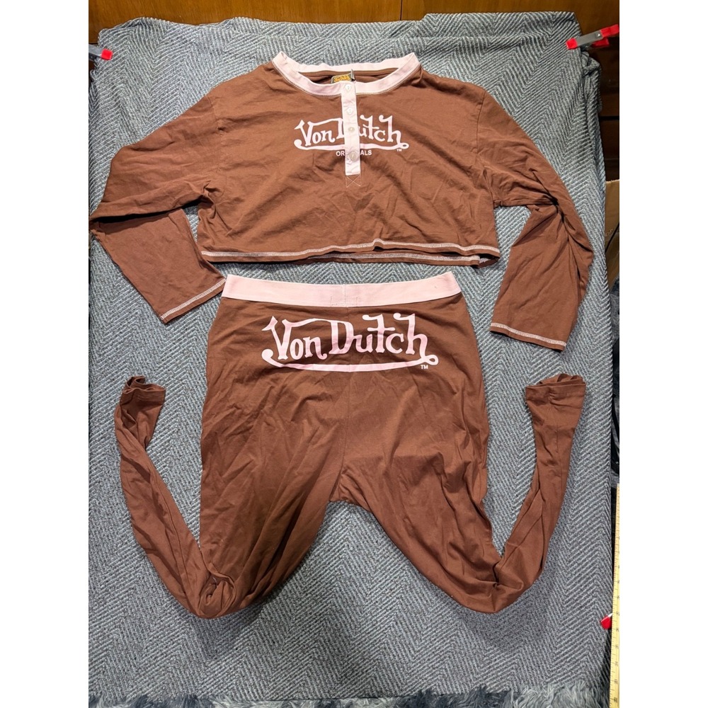 Y2K Von Dutch Sweat Pajama Set - Pants and Top - Brown/Pink - XL - 100% Cotton